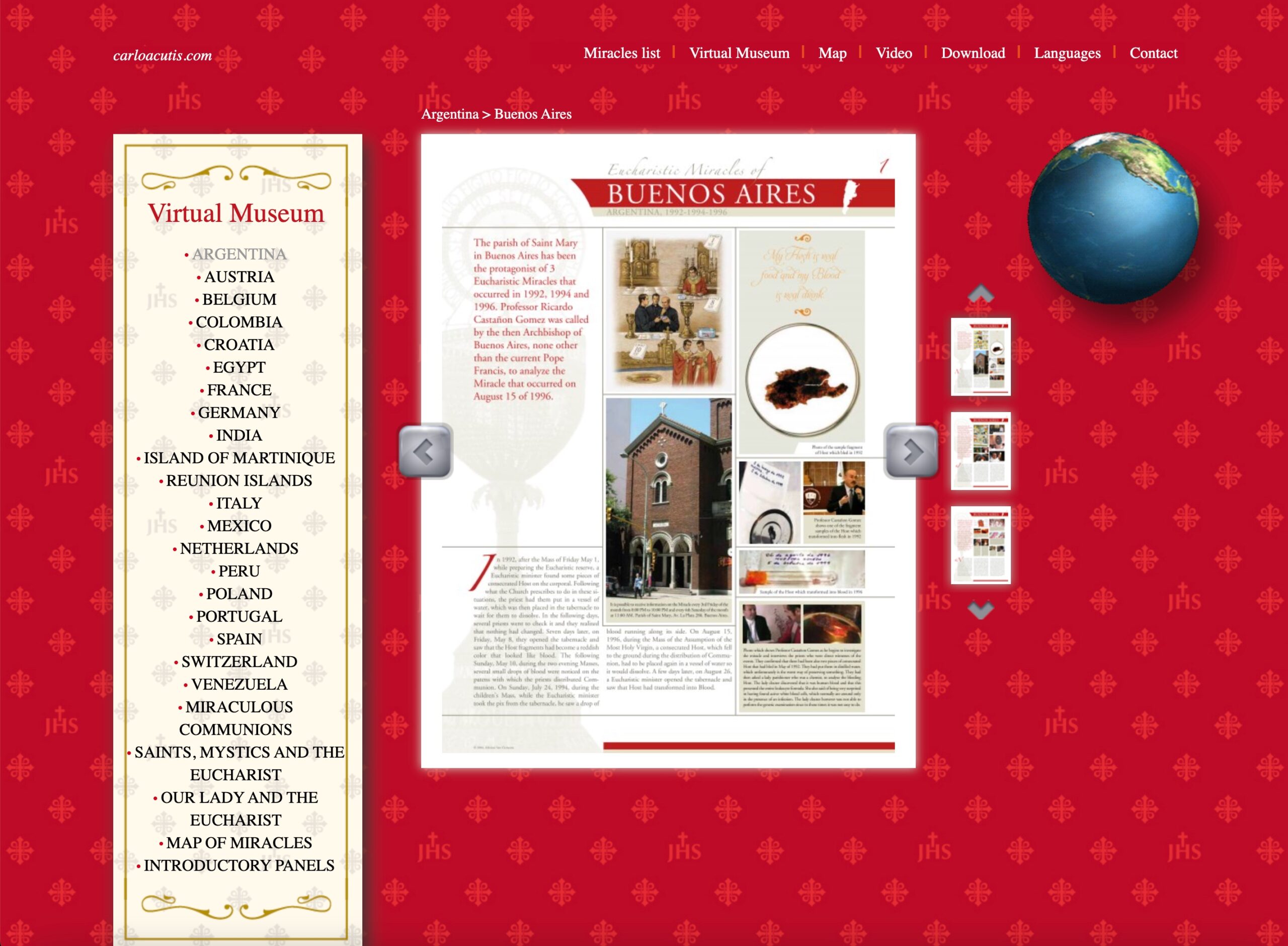 A screenshot of Carlo Acutis's Eucharistic Miracles website.